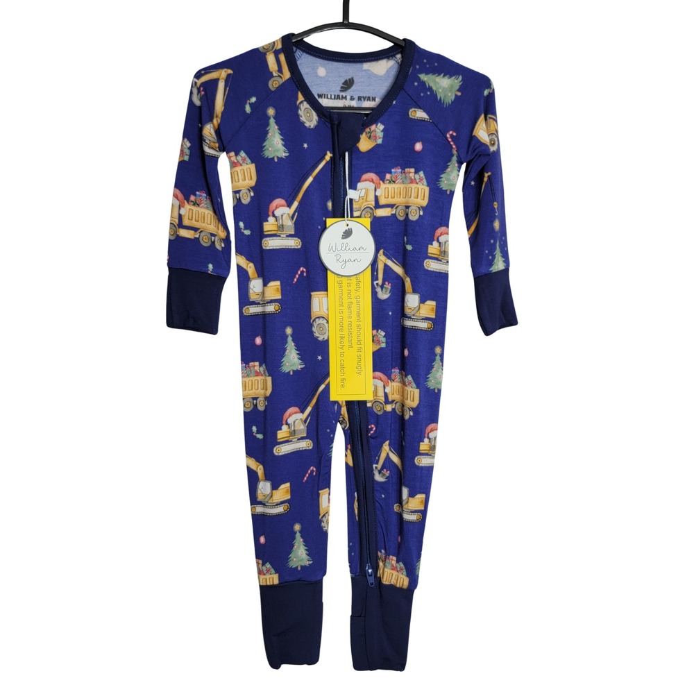 William & Ryan Bamboo Pajamas Christmas Construction Zipper Romper 0-3M Blue New